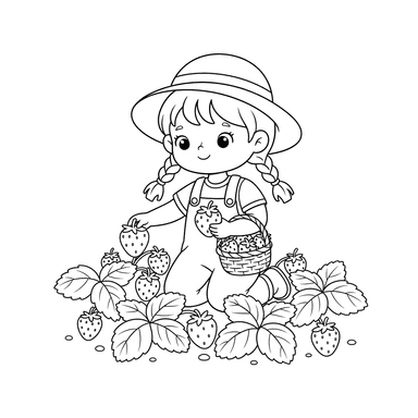Girl Picking Strawberries Coloring Page