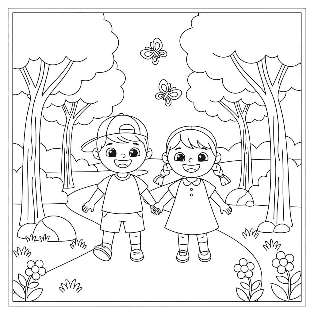 Ausmalbild Kinder auf einem Waldweg