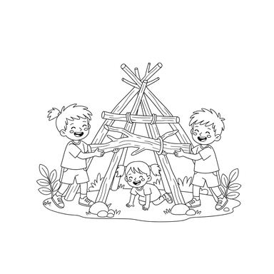 Children Building a Branch Fort Coloring Page