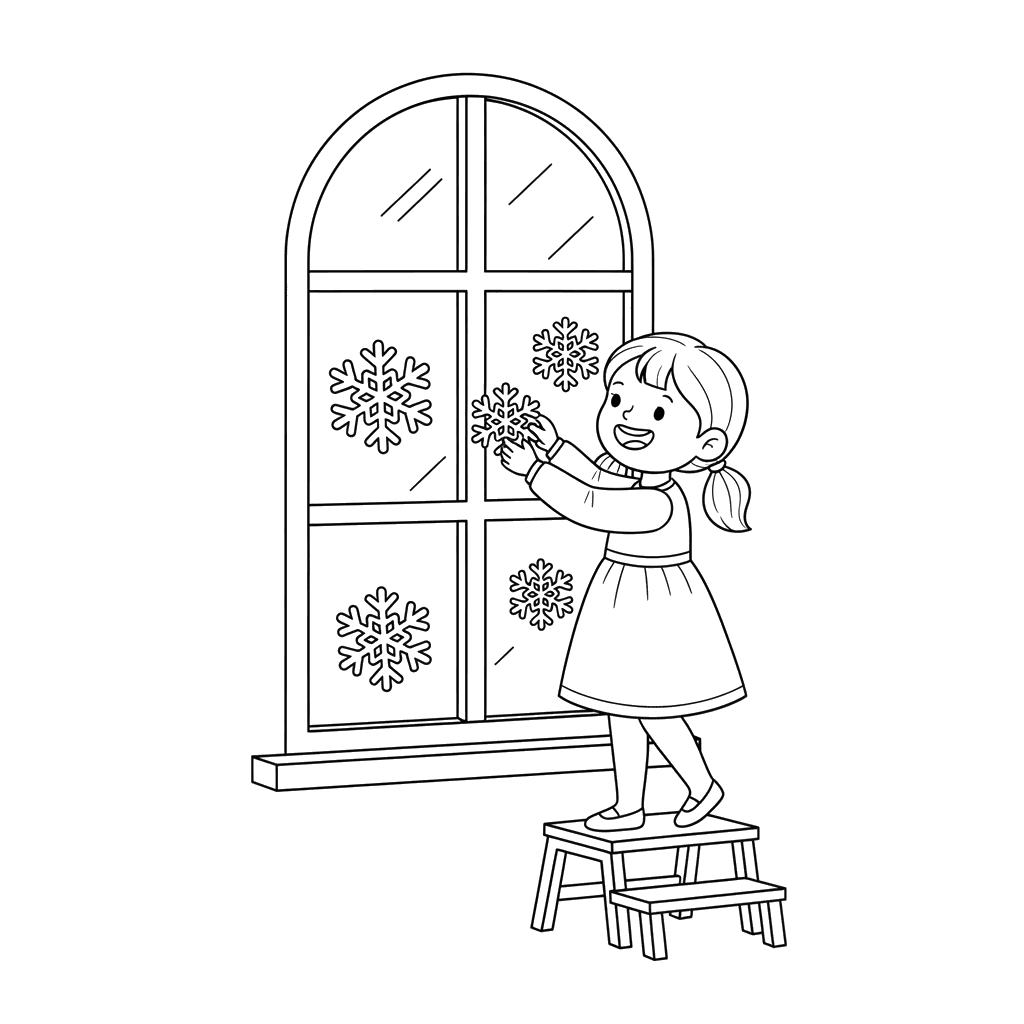Ausmalbild: Mädchen schmückt Fenster mit Schneeflocken