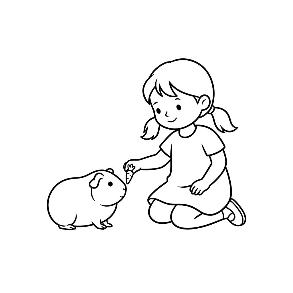 Ausmalbild Mädchen füttert Meerschweinchen