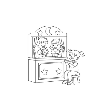 Раскраска Дети Играют в Кукольный Театр