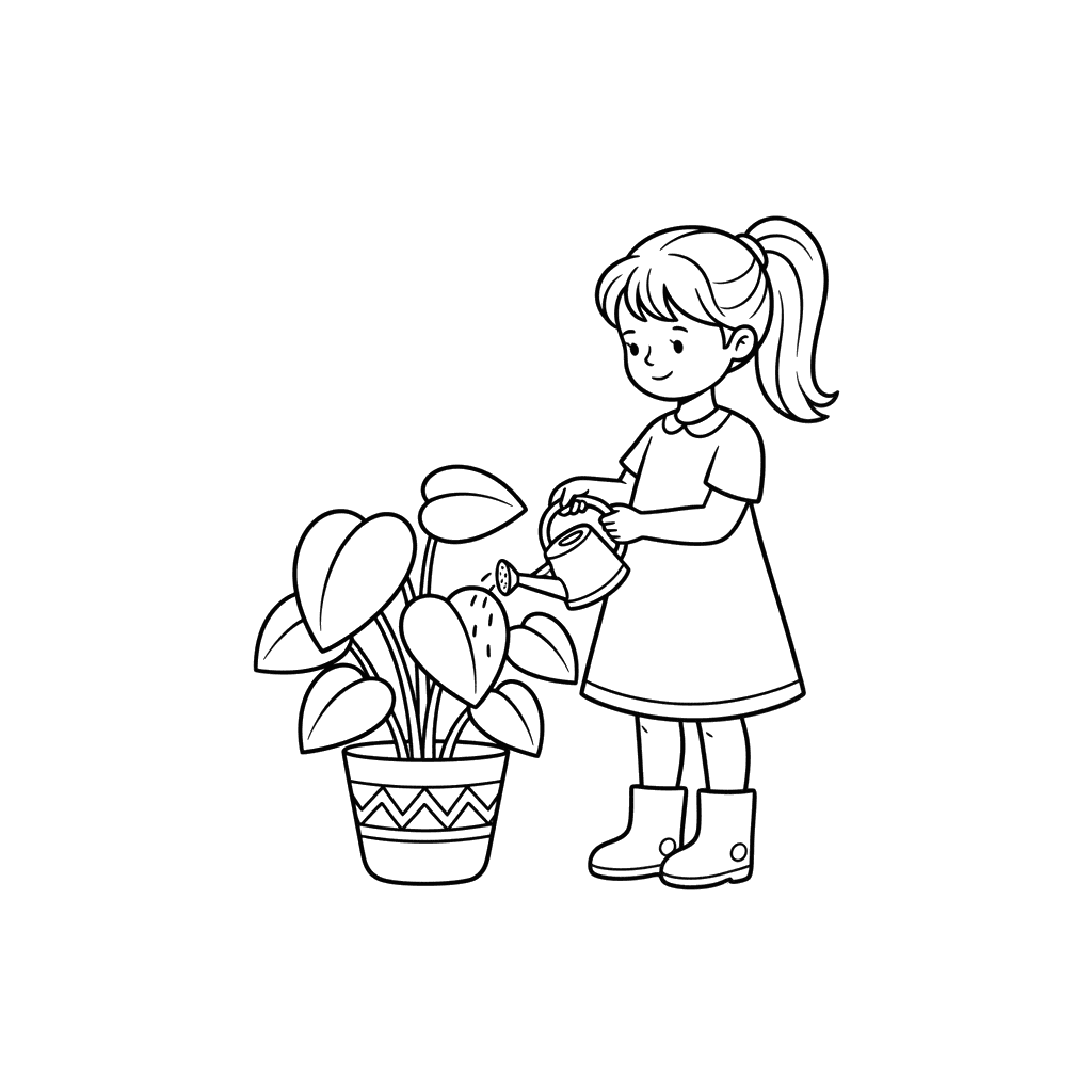 Coloriage: Fille arrosant une plante d'intérieur