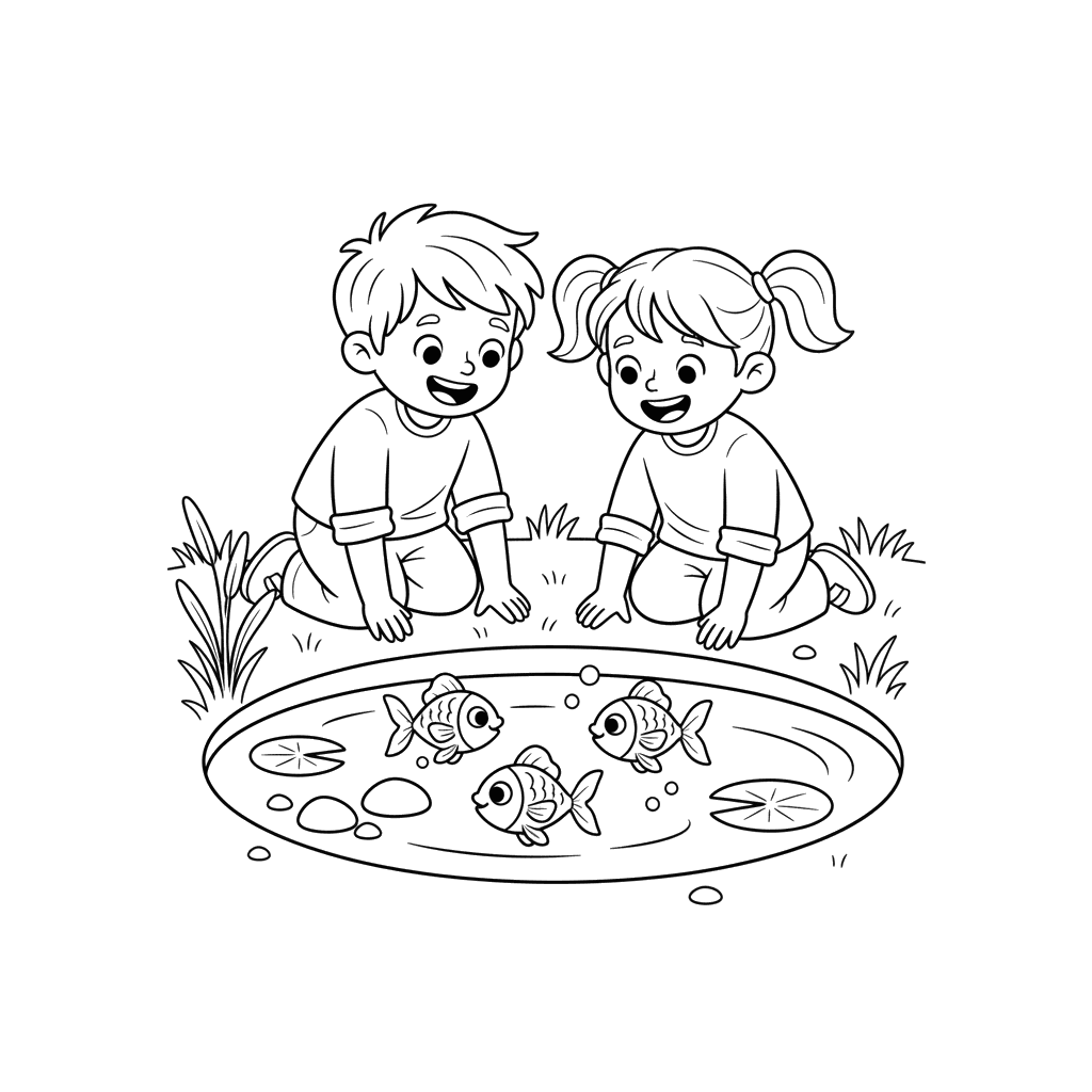 Ausmalbild Kinder beobachten Fische im Teich