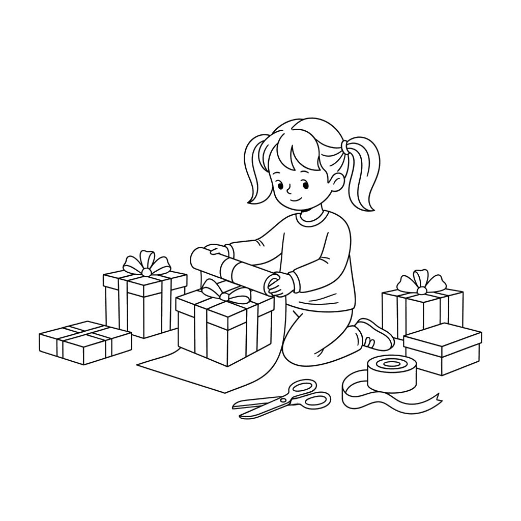 Ausmalbild Mädchen Verpackt Geschenke