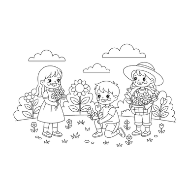 Coloriage Enfants Cueillant des Fleurs dans la Prairie