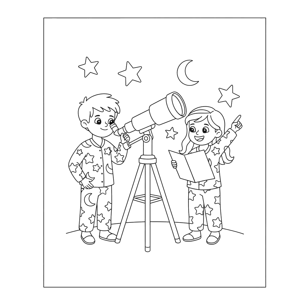 Ausmalbild Kinder Beobachten Sterne mit Teleskop