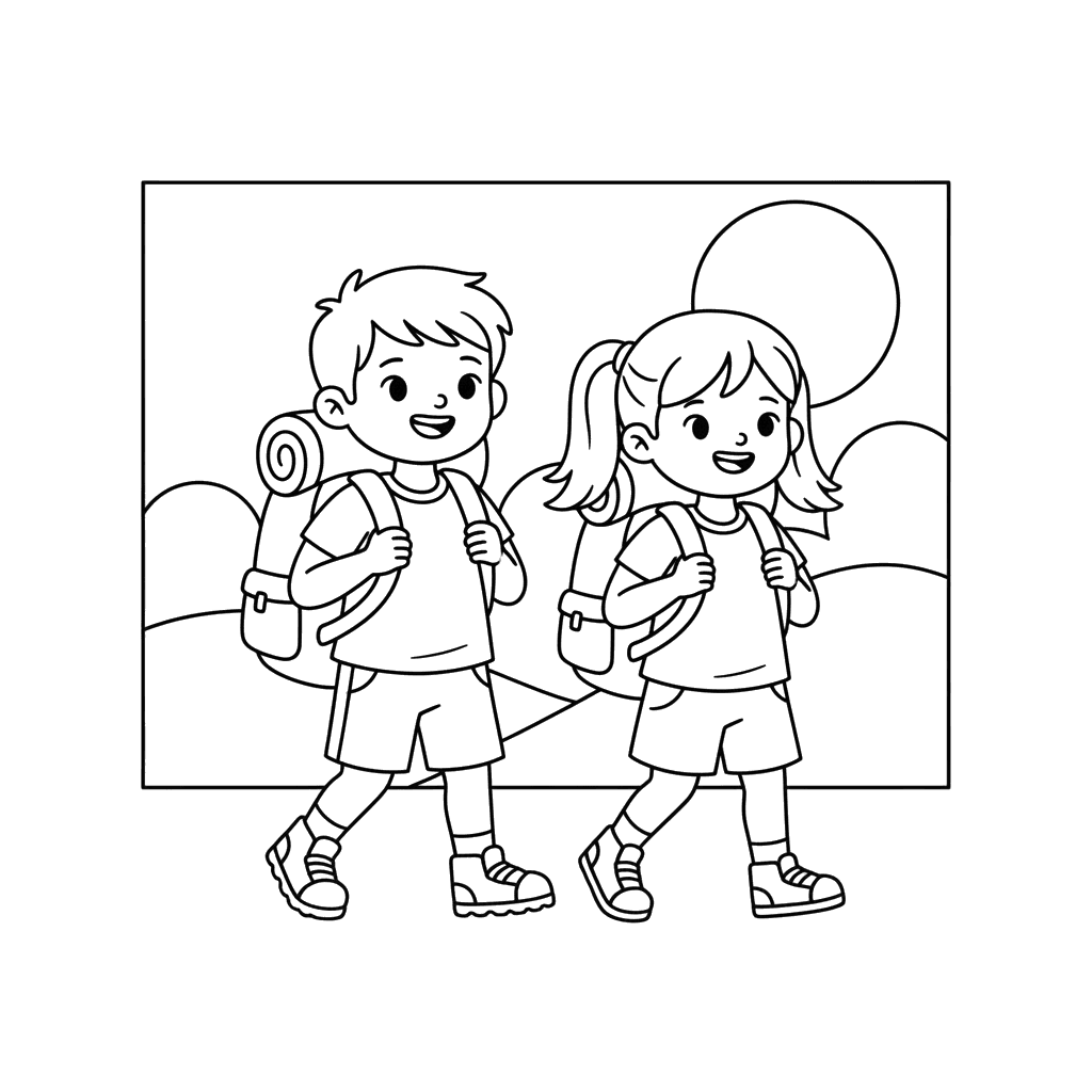 Coloriage Enfants en randonnée avec des sacs à dos