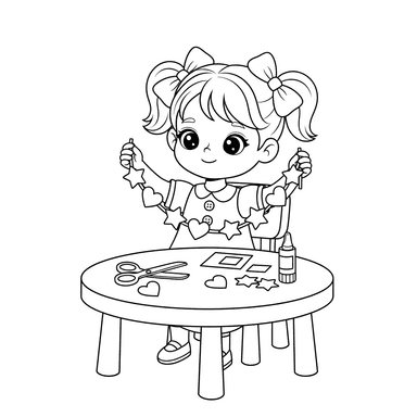 Dibujo para Colorear: Niña Haciendo Guirnalda de Papel