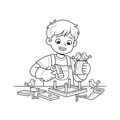Boy Building a Bird Feeder Coloring Page