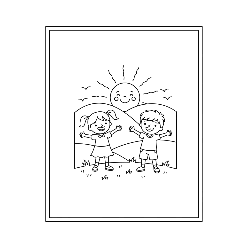 Coloriage Enfants Saluant le Lever du Soleil dans la Nature