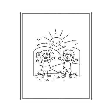 Coloriage Enfants Saluant le Lever du Soleil dans la Nature