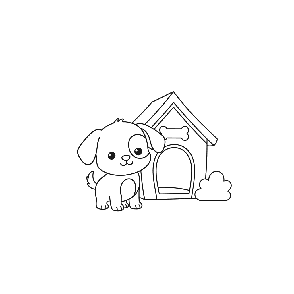 Welpe und Hundehütte Ausmalbild
