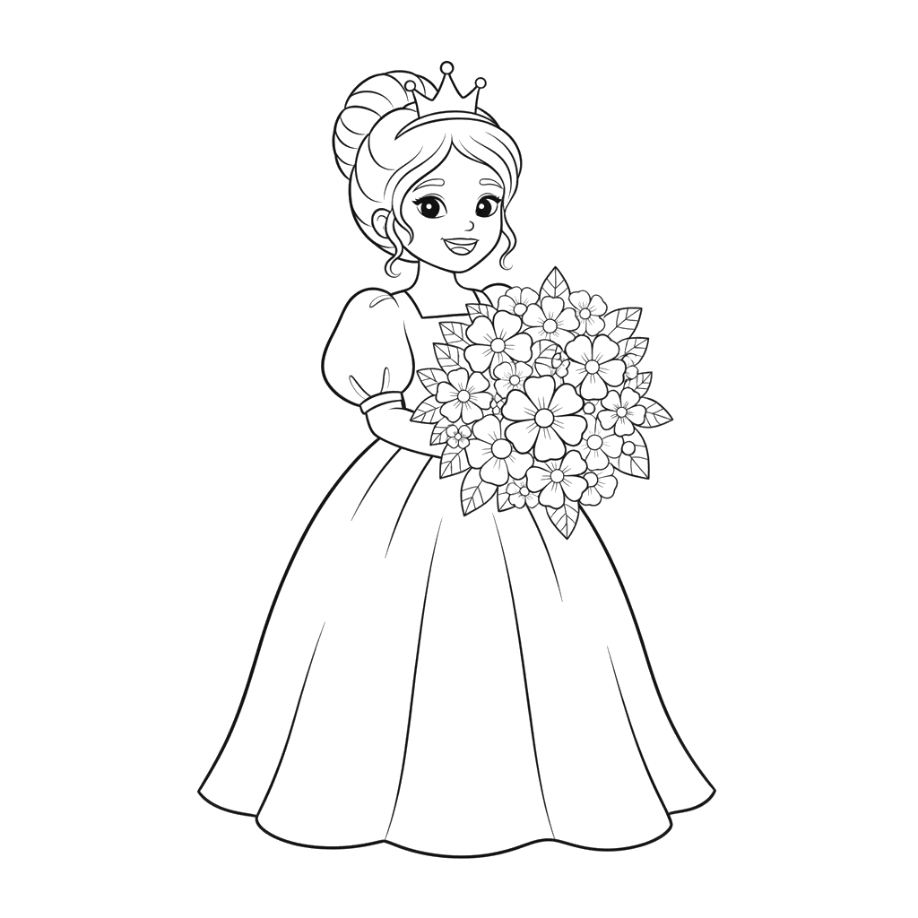 Prinzessin mit Blumenstrauß Ausmalbild