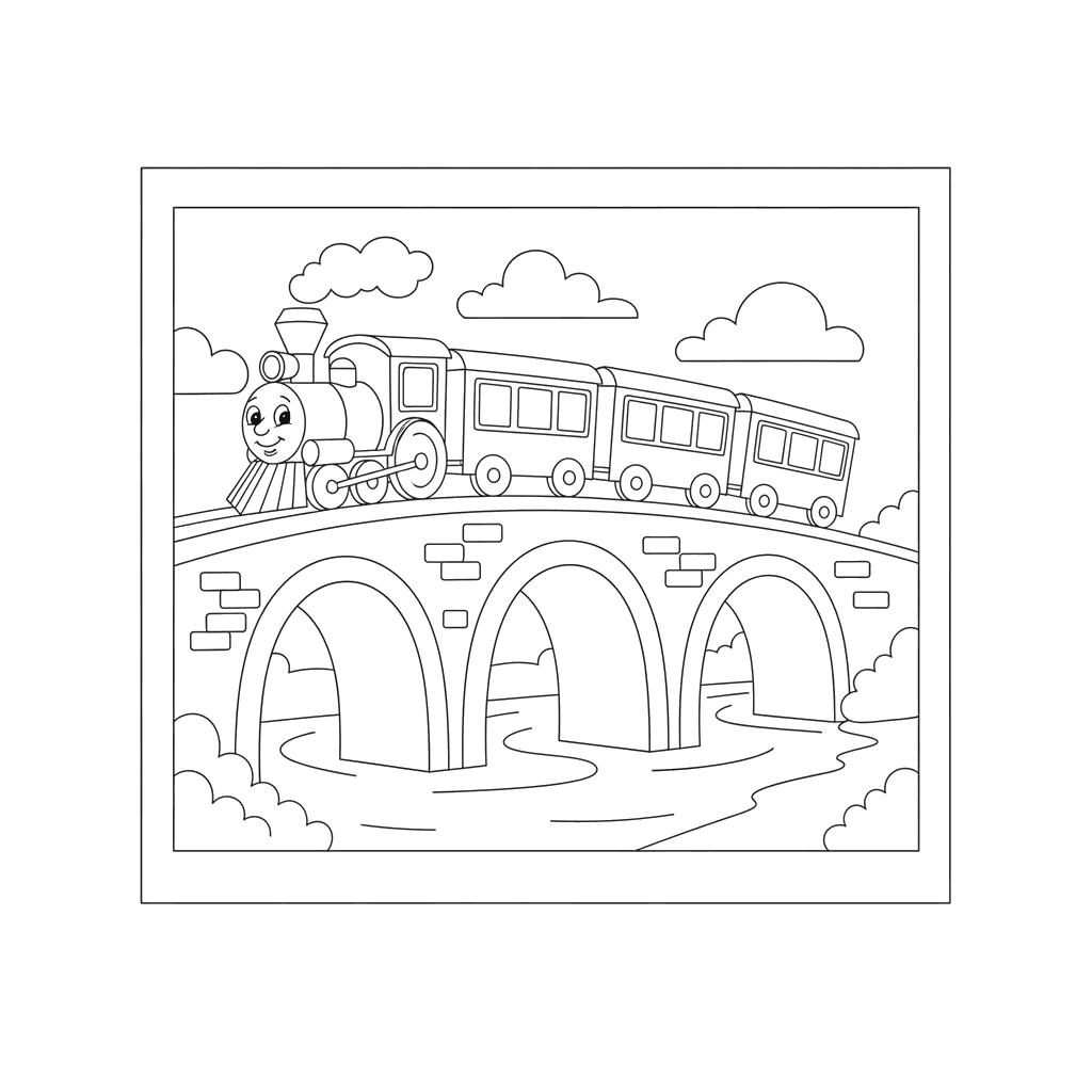 Ausmalbild Zug auf einer Brücke