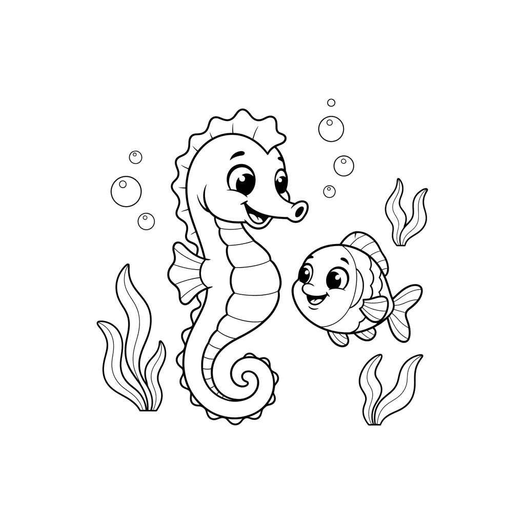 Ausmalbild Tanzendes Seepferdchen und Fisch