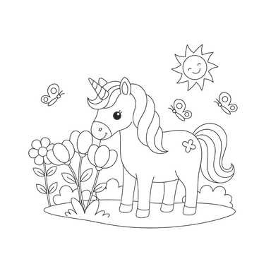 Einhorn pflückt Frühlingsblumen Ausmalbild