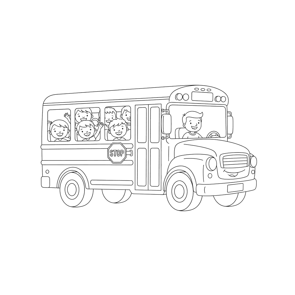 Schulbus mit Kindern Ausmalbild