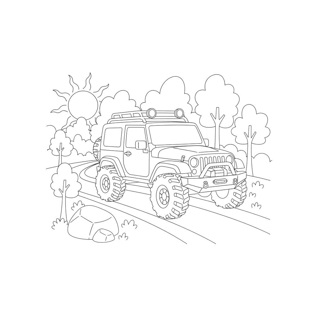 Dibujo para colorear: Vehículo todoterreno en camino forestal