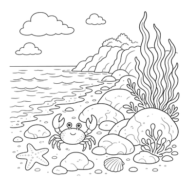 Desenho para colorir: paisagem costeira com rochas e algas