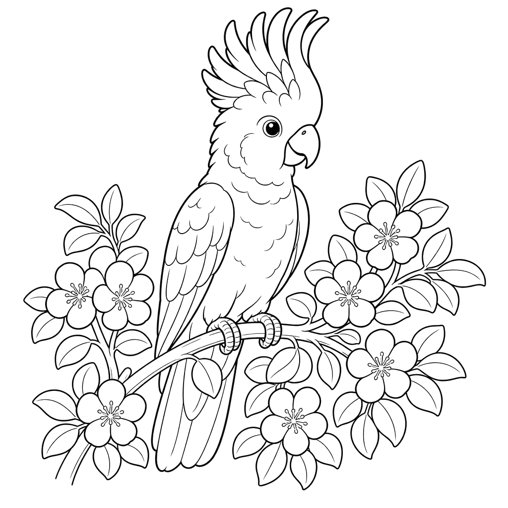 Coloriage Cacatoès sur un arbuste en fleur