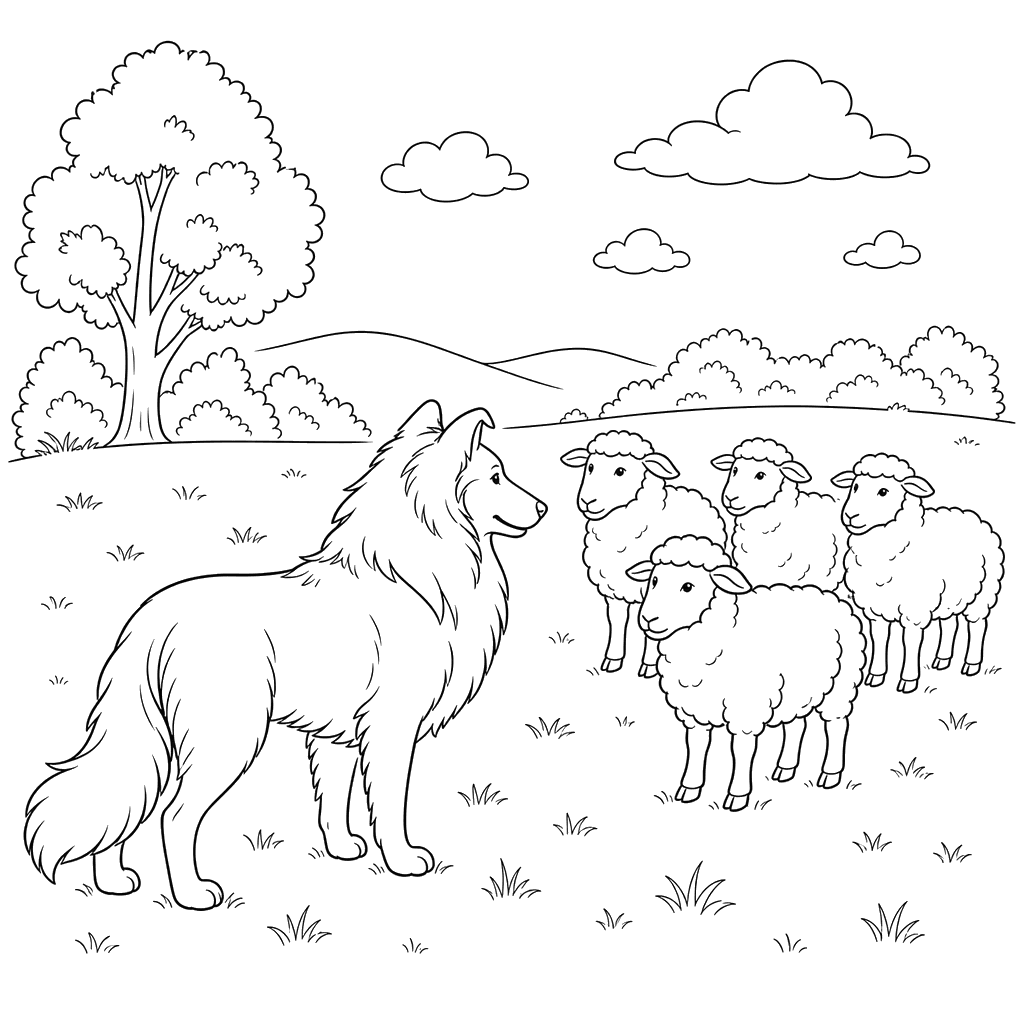 Desenho para colorir: um collie observa ovelhas