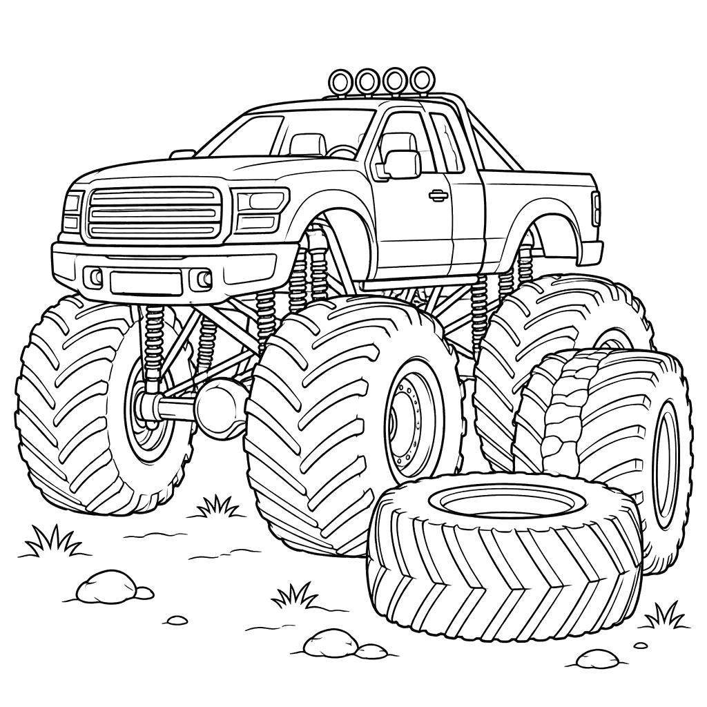 Monstertruck mit riesigen Reifen – Ausmalbild