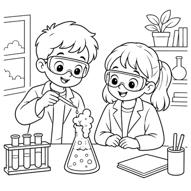 Kinder beim Wissenschaftsexperiment – Ausmalbild