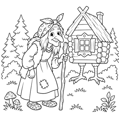 Baba Yaga junto a una cabaña del bosque
