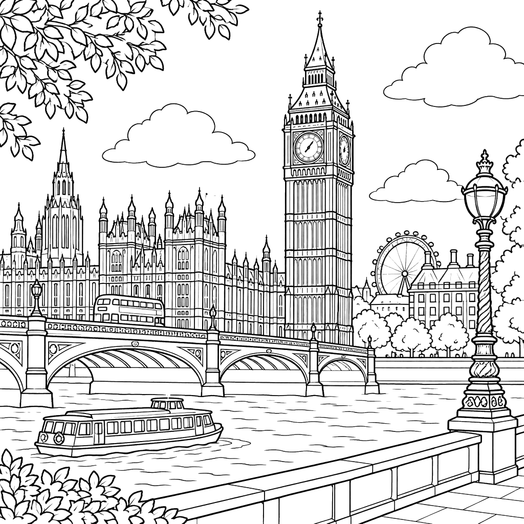 Big Ben on the River Thames Coloring Page