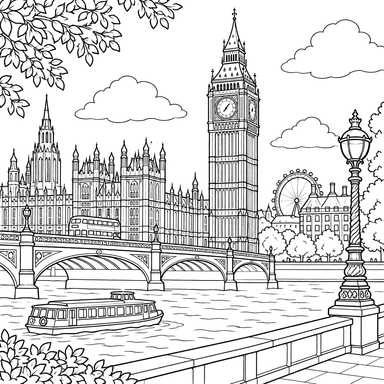 Big Ben an der Themse – Ausmalbild