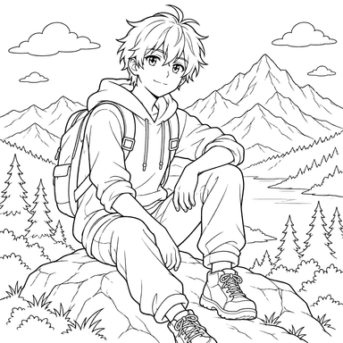 Desenho para colorir de menino de anime nas montanhas