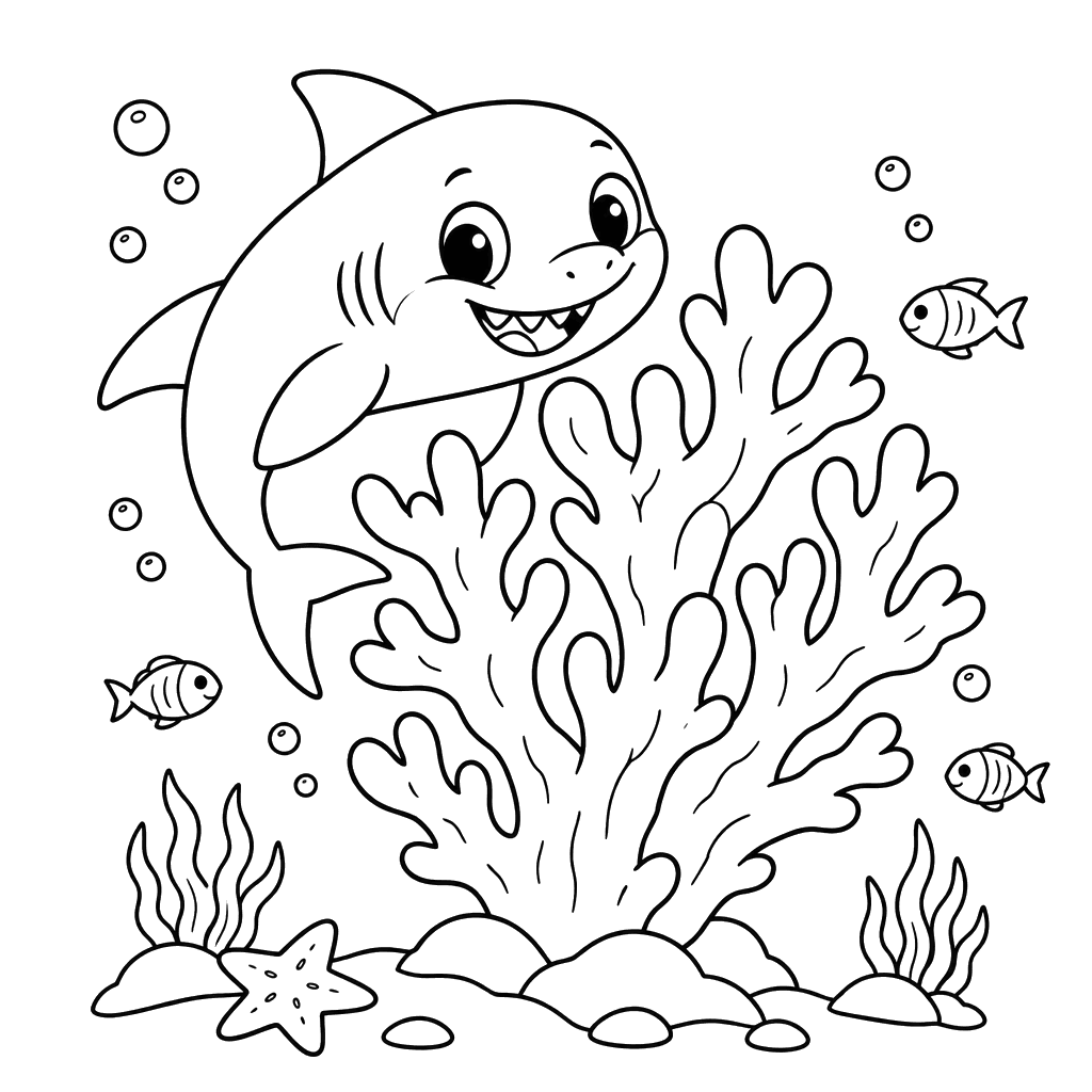 Coloriage bébé requin derrière un grand corail
