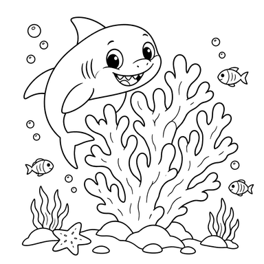 Coloriage bébé requin derrière un grand corail