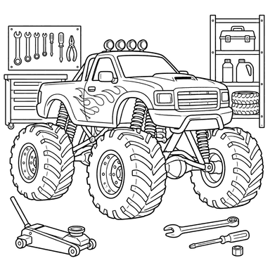 Desenho de caminhão-monstro na oficina para colorir