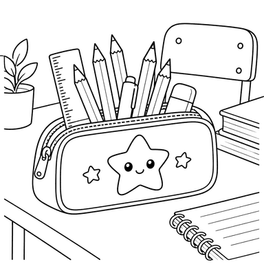 Coloriage trousse avec crayons sur un bureau