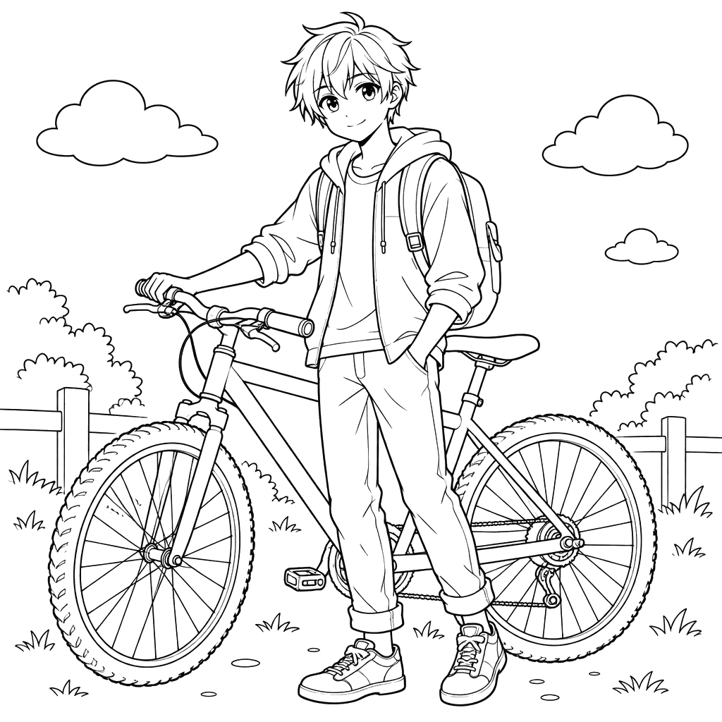 Desenho de menino anime com bicicleta