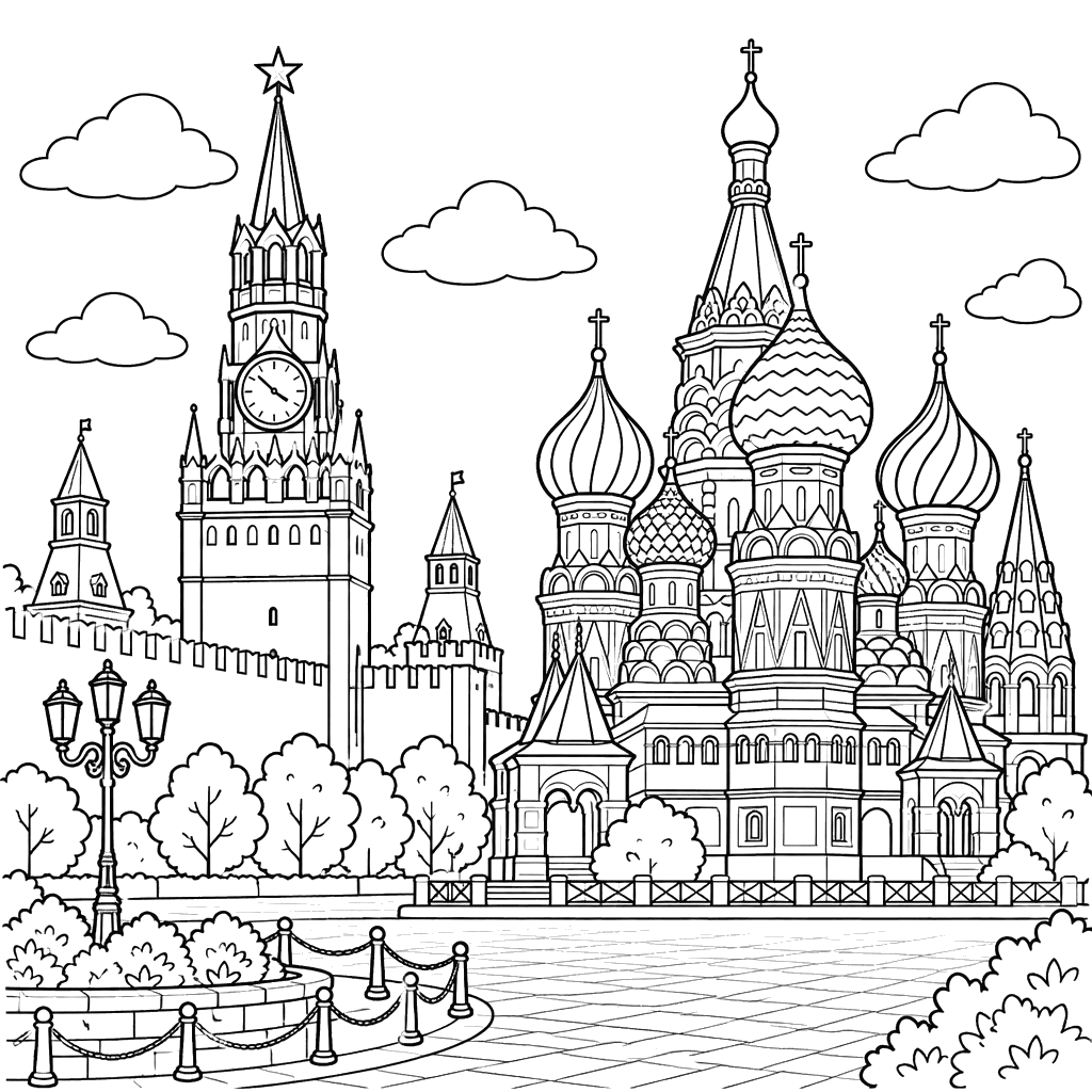 Kremlin and St Basil’s Cathedral, Russia Coloring Page