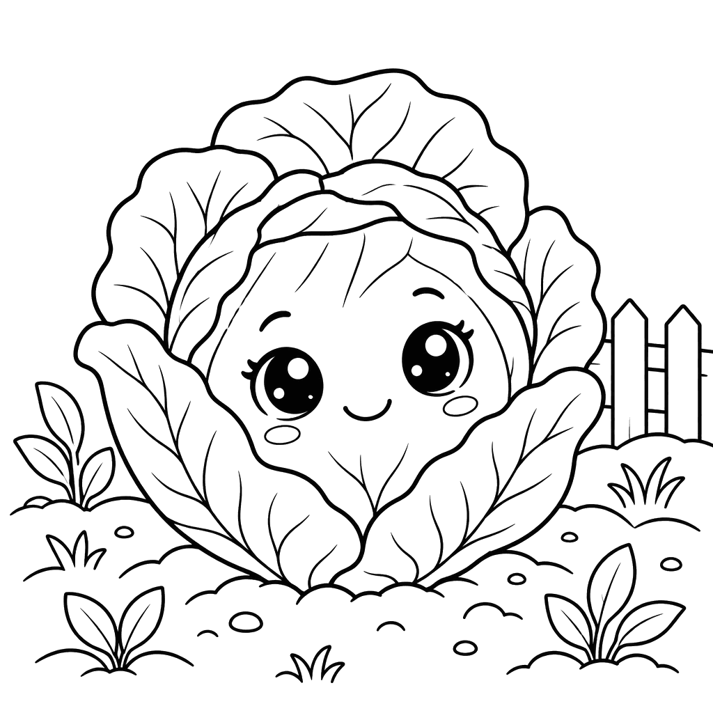 Desenho para colorir de repolho fofo no jardim