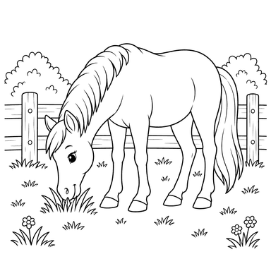Cheval qui broute près d'une clôture