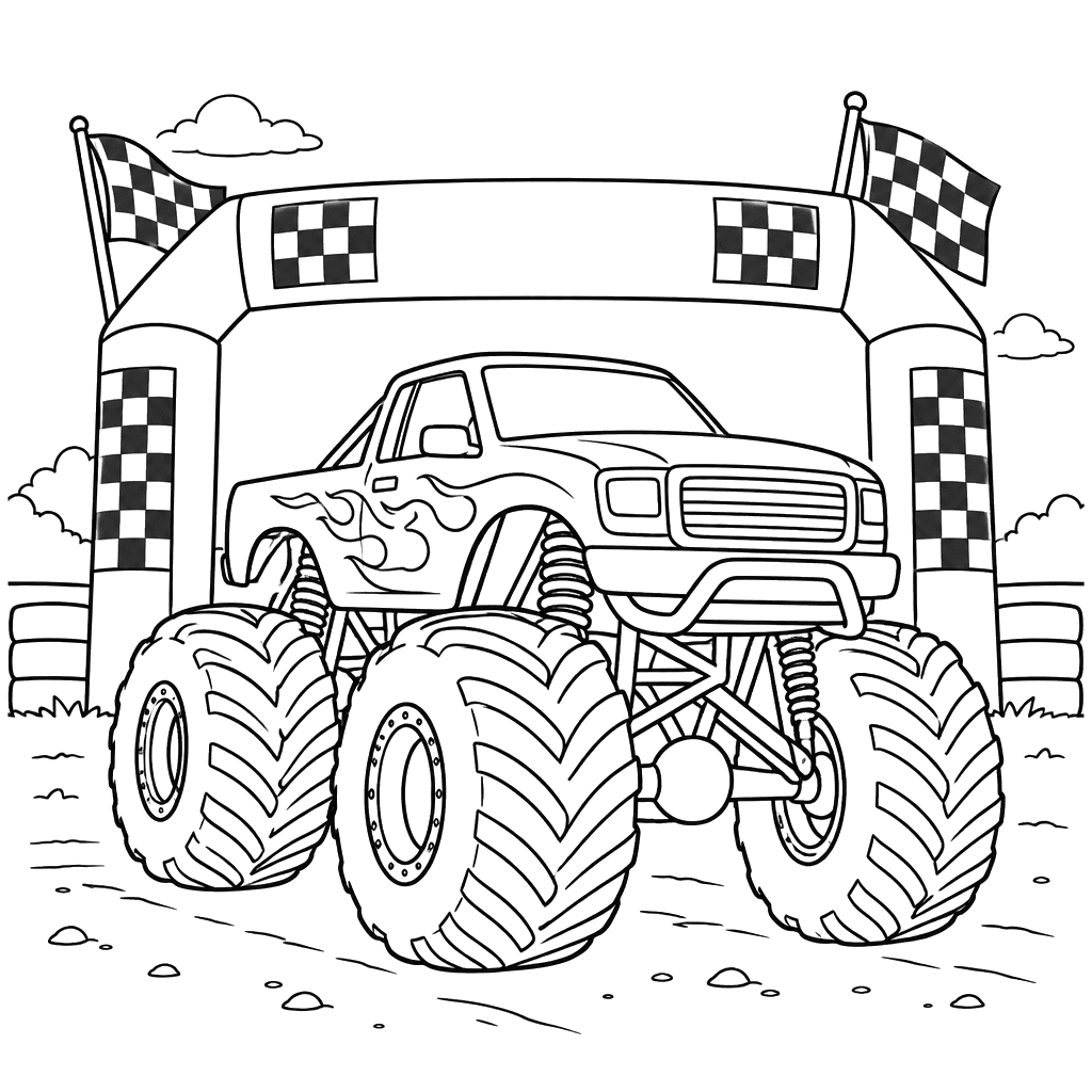 Desenho de monster truck no arco de chegada