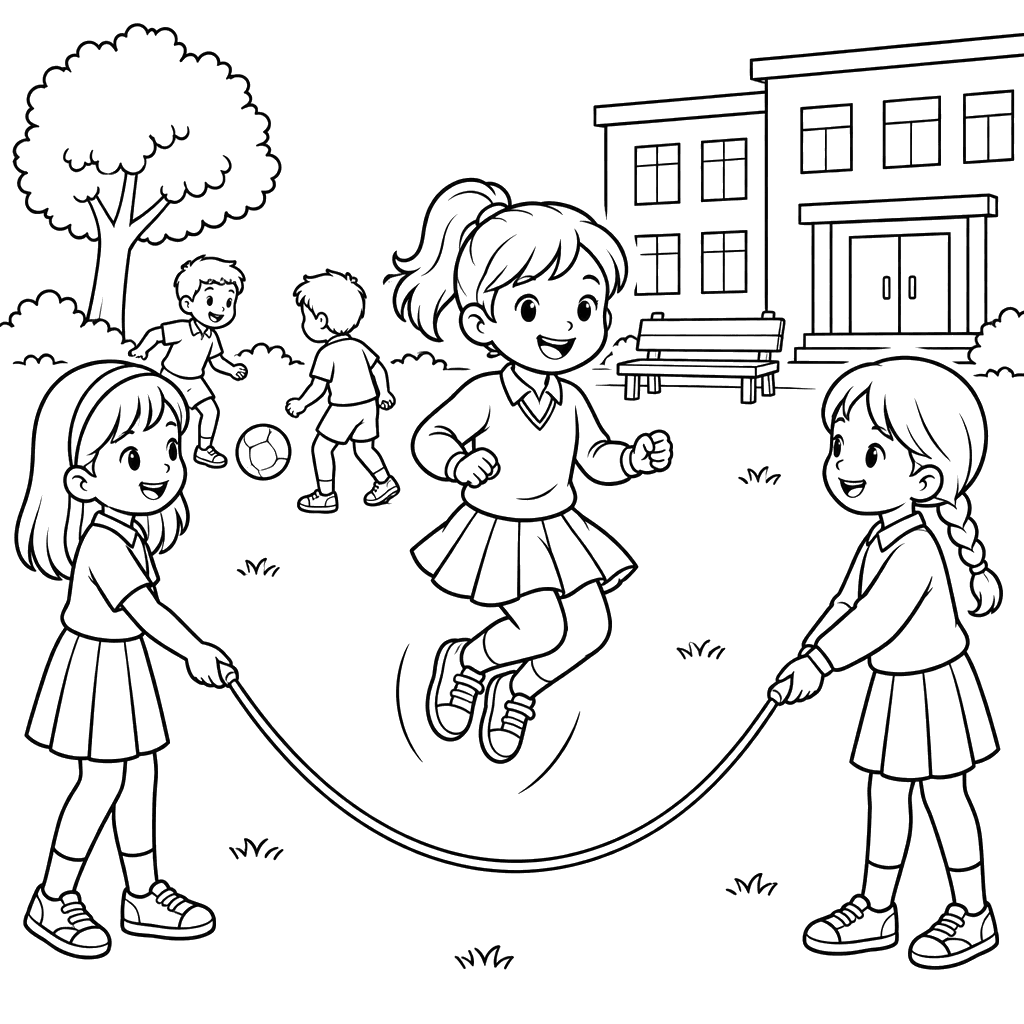 Ausmalbild: Kinder in der Schulpause