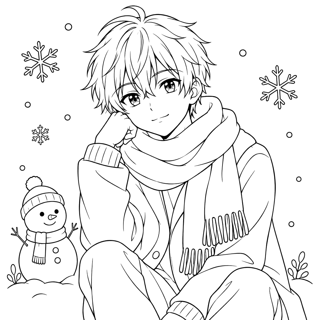 Menino anime no inverno com boneco de neve