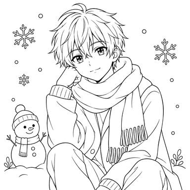 Anime Boy in Winter with a Snowman