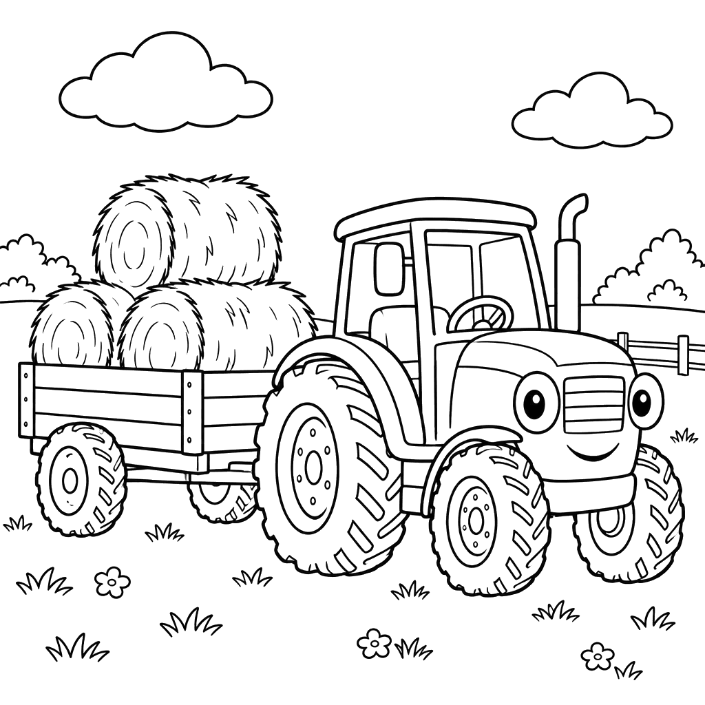 Desenho de trator com fardos de feno
