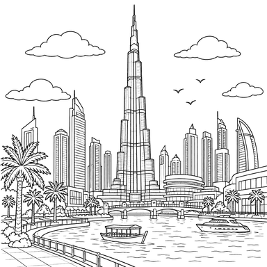 Burj Khalifa zwischen Wolkenkratzern der VAE – Ausmalbild