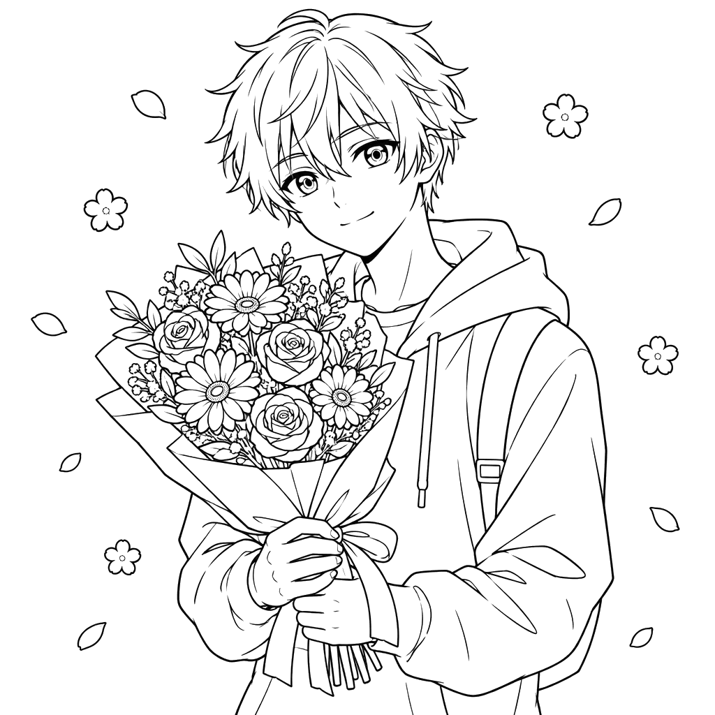 Garoto de anime com buquê de flores