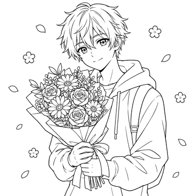 Anime Boy Holding a Flower Bouquet