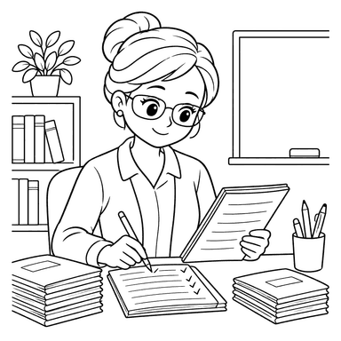 Lehrerin prüft Hefte – Ausmalbild