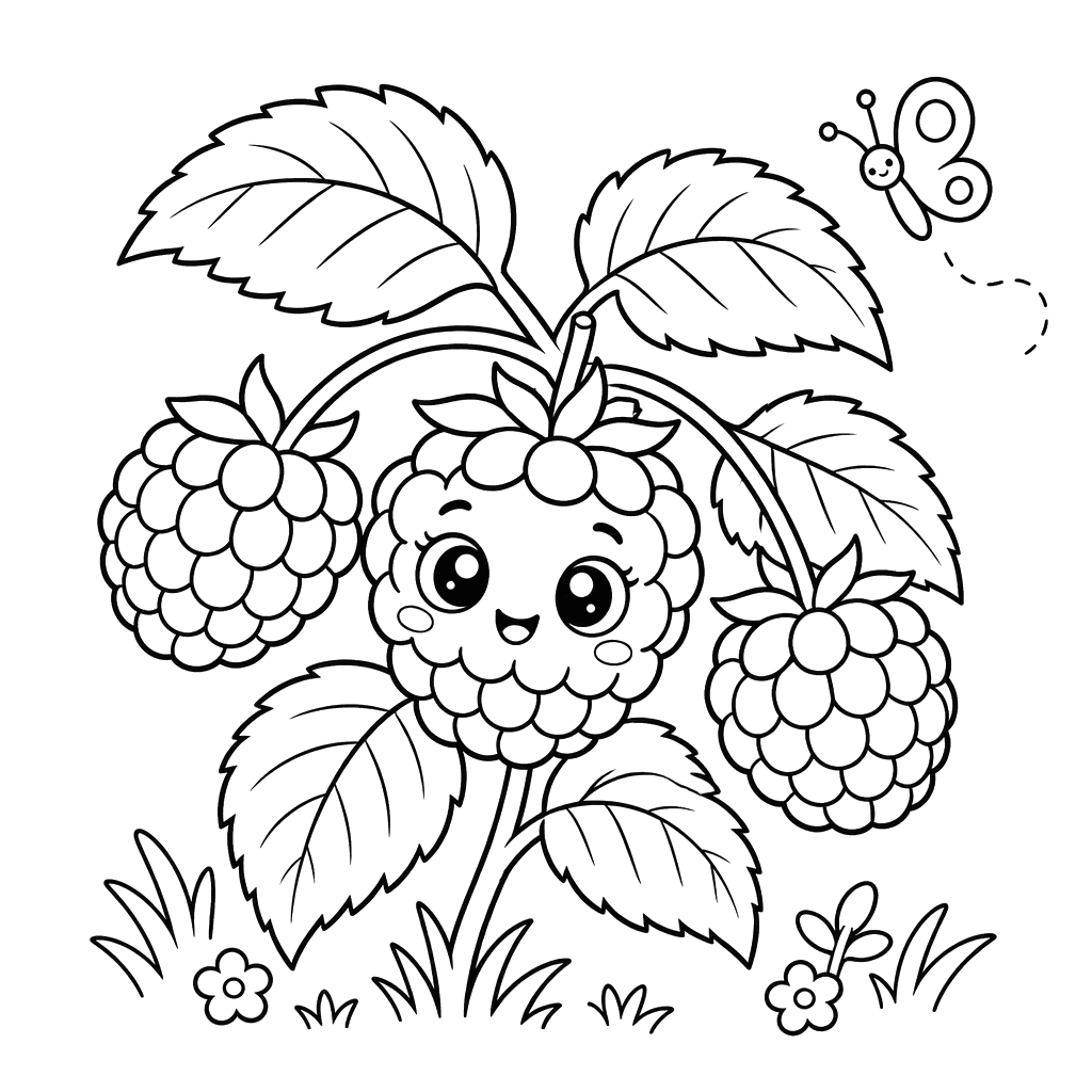 Dibujo para colorear de frambuesa sonriente y mariposa